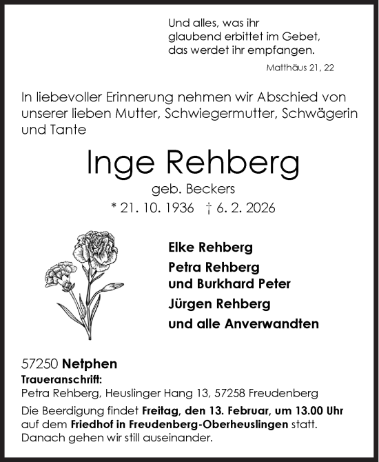 Traueranzeige von Inge Rehberg von Siegener Zeitung