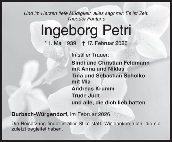 Traueranzeige von Ingeborg Petri von Siegener Zeitung