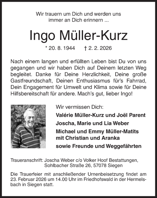 Traueranzeige von Ingo Müller-Kurz von Siegener Zeitung