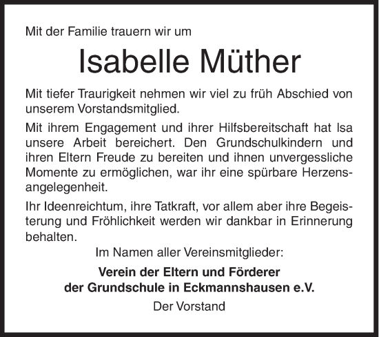 Traueranzeige von Isabelle Müther von Siegener Zeitung