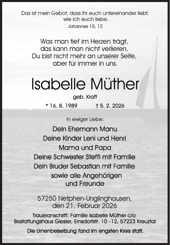 Traueranzeige von Isabelle Müther von Siegener Zeitung