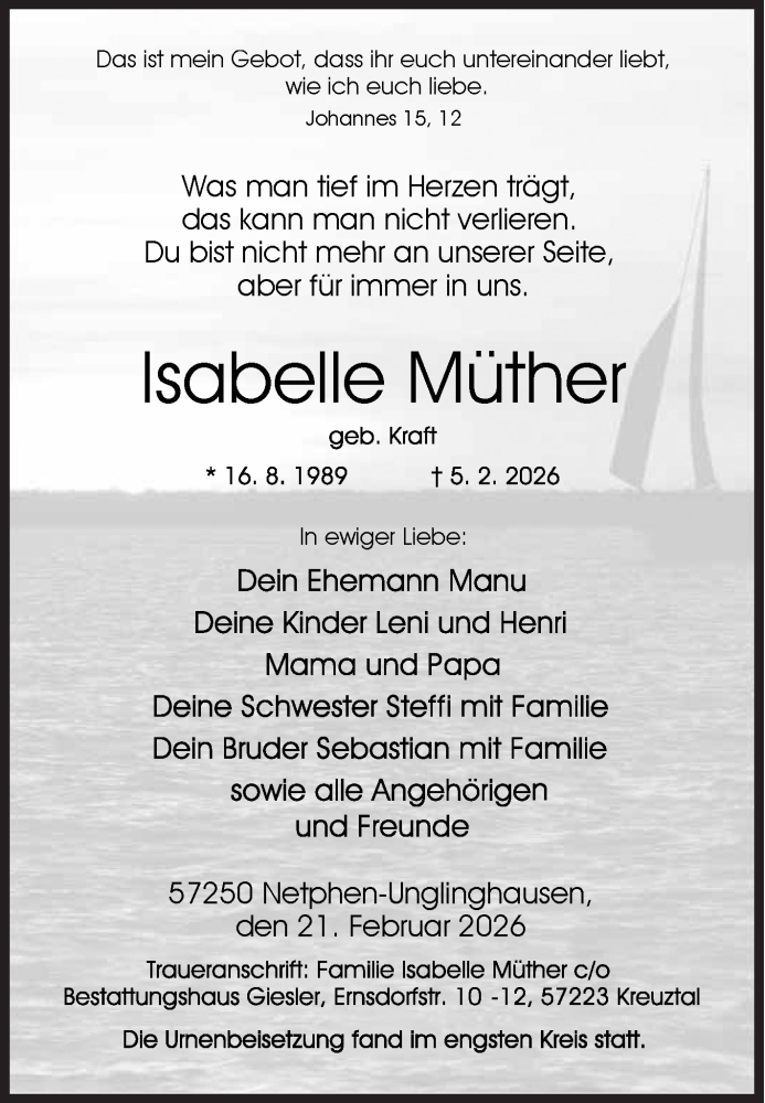  Traueranzeige für Isabelle Müther vom 21.02.2026 aus Siegener Zeitung
