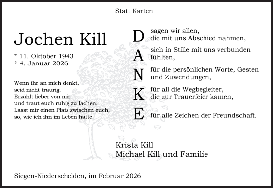 Traueranzeige von Jochen Kill von Siegener Zeitung