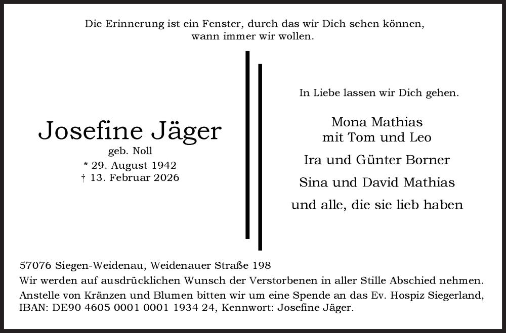  Traueranzeige für Josefine Jäger vom 21.02.2026 aus Siegener Zeitung