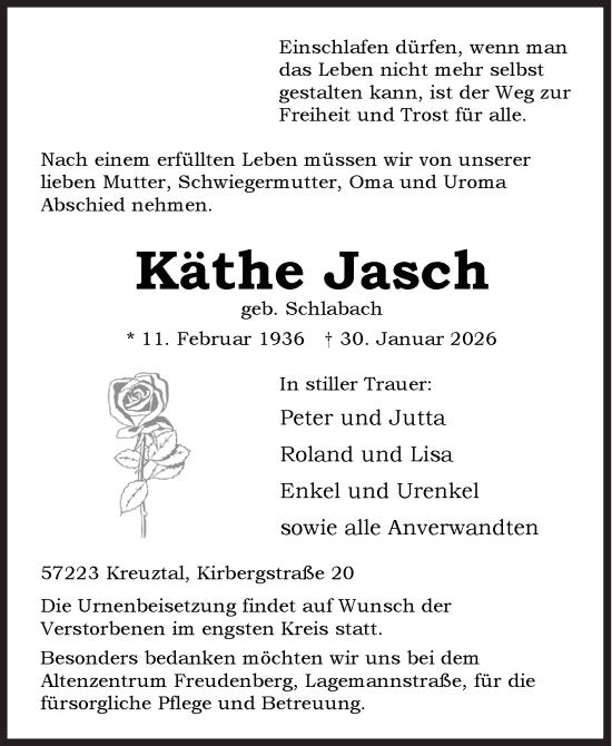 Traueranzeige von Käthe Jasch von Siegener Zeitung