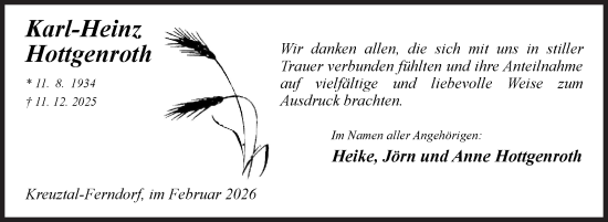 Traueranzeige von Karl-Heinz Hottgenroth von Siegener Zeitung