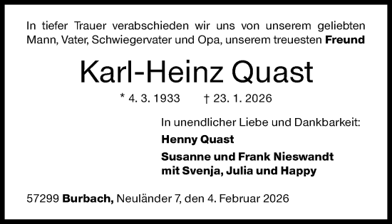 Traueranzeige von Karl-Heinz Quast von Siegener Zeitung