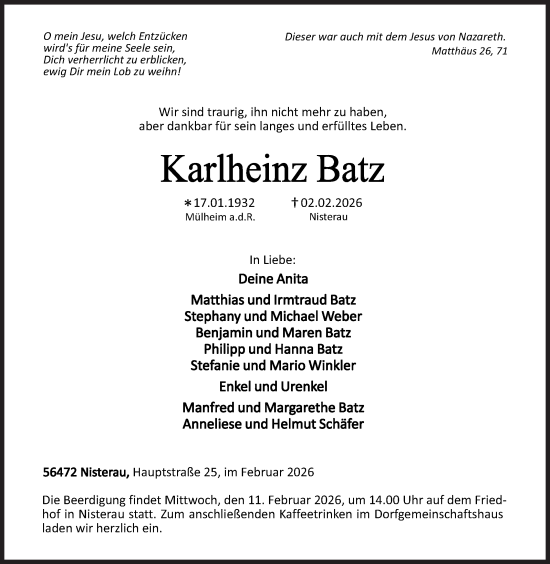 Traueranzeige von Karlheinz Batz von Siegener Zeitung