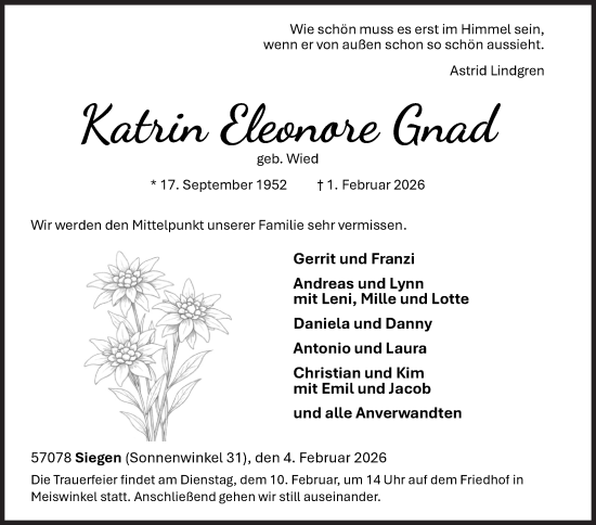 Traueranzeige von Katrin Eleonore Gnad von Siegener Zeitung