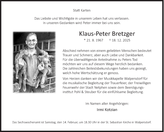 Traueranzeige von Klaus-Peter Bretzger von Siegener Zeitung