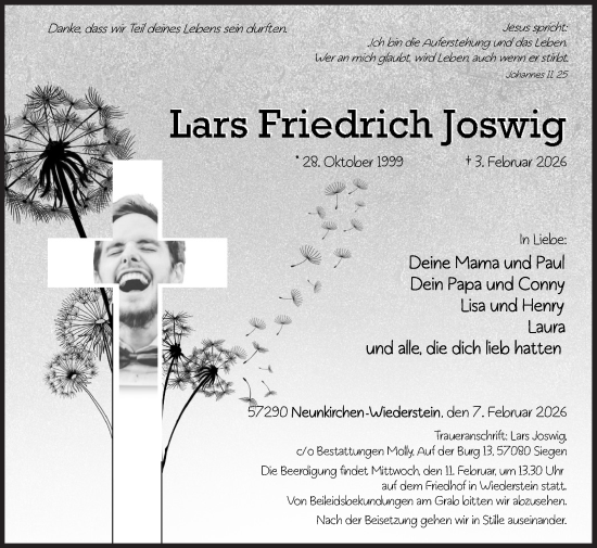 Traueranzeige von Lars Friedrich Joswig von Siegener Zeitung