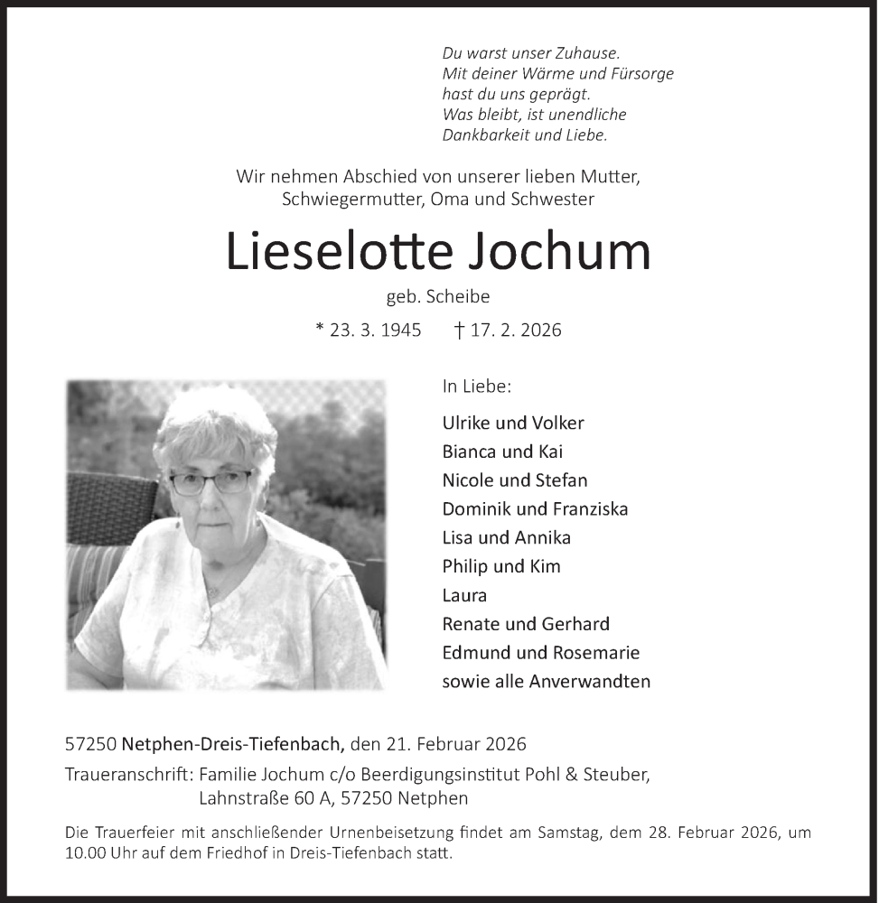  Traueranzeige für Lieselotte Jochum vom 21.02.2026 aus Siegener Zeitung