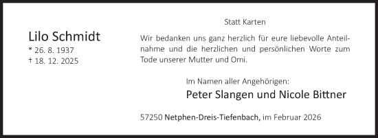 Traueranzeige von Lilo Schmidt von Siegener Zeitung