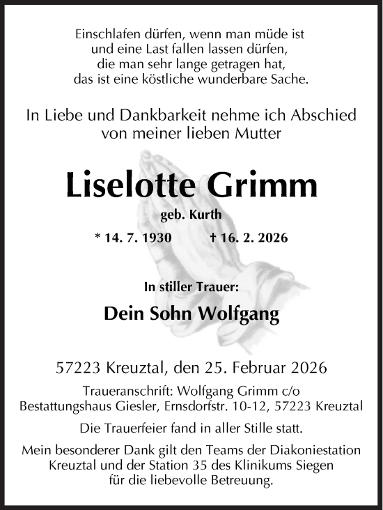 Traueranzeige von Liselotte Grimm von Siegener Zeitung