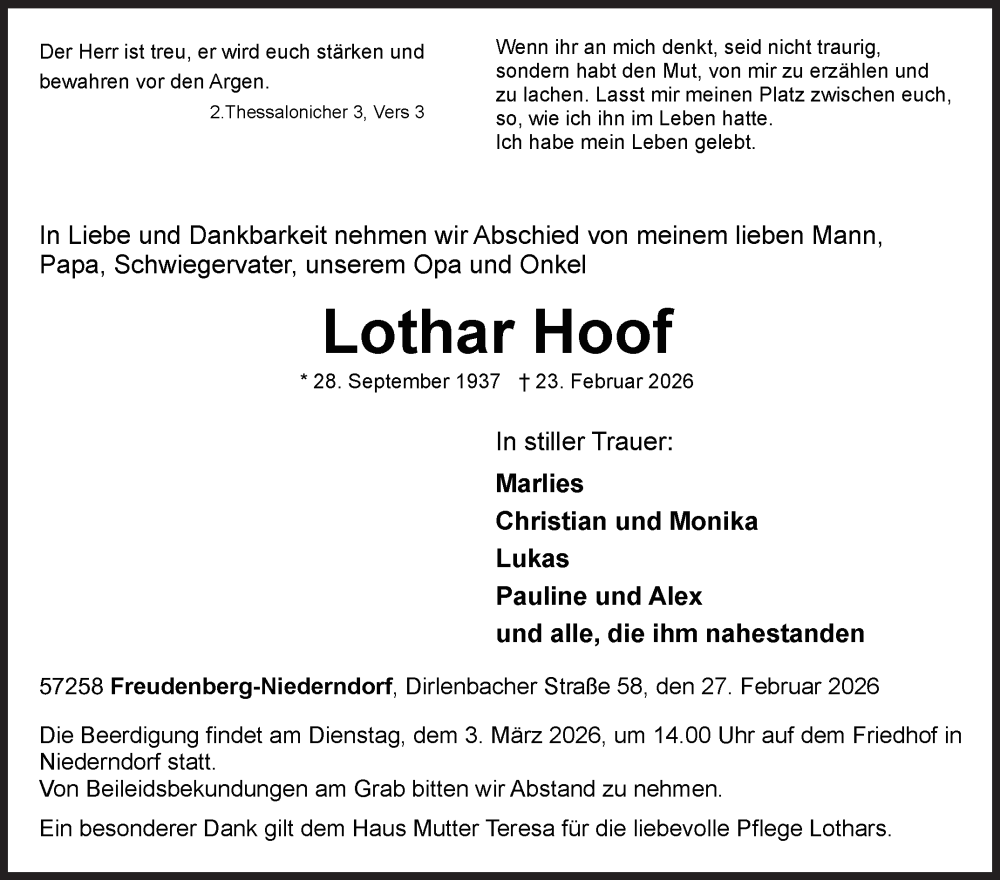  Traueranzeige für Lothar Hoof vom 27.02.2026 aus Siegener Zeitung