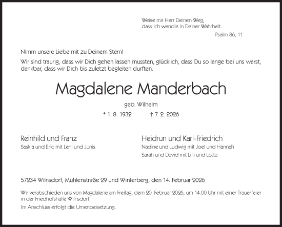 Traueranzeige von Magdalene Manderbach von Siegener Zeitung