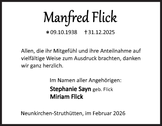 Traueranzeige von Manfred Flick von Siegener Zeitung