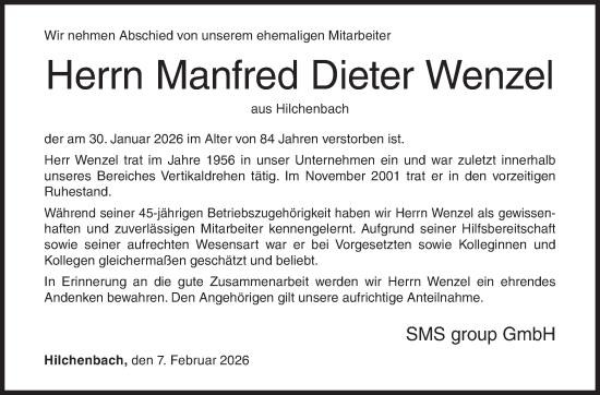 Traueranzeige von Manfred Dieter Wenzel von Siegener Zeitung
