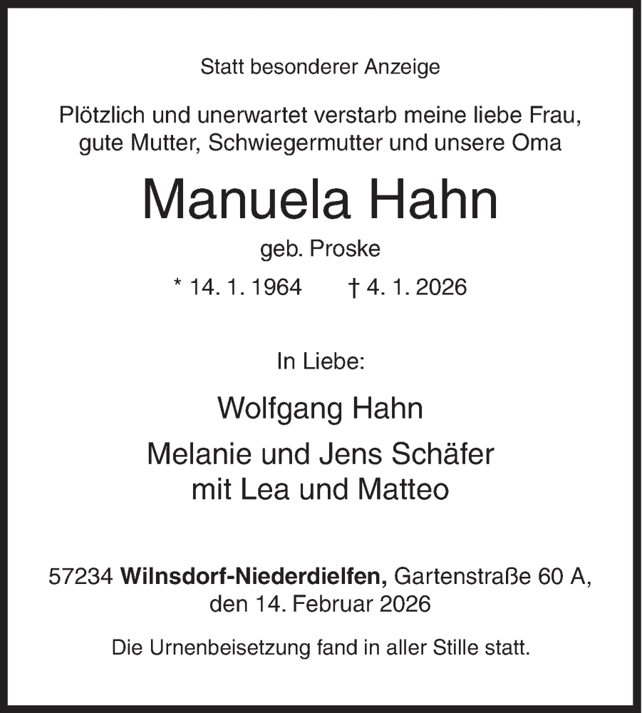  Traueranzeige für Manuela Hahn vom 14.02.2026 aus Siegener Zeitung