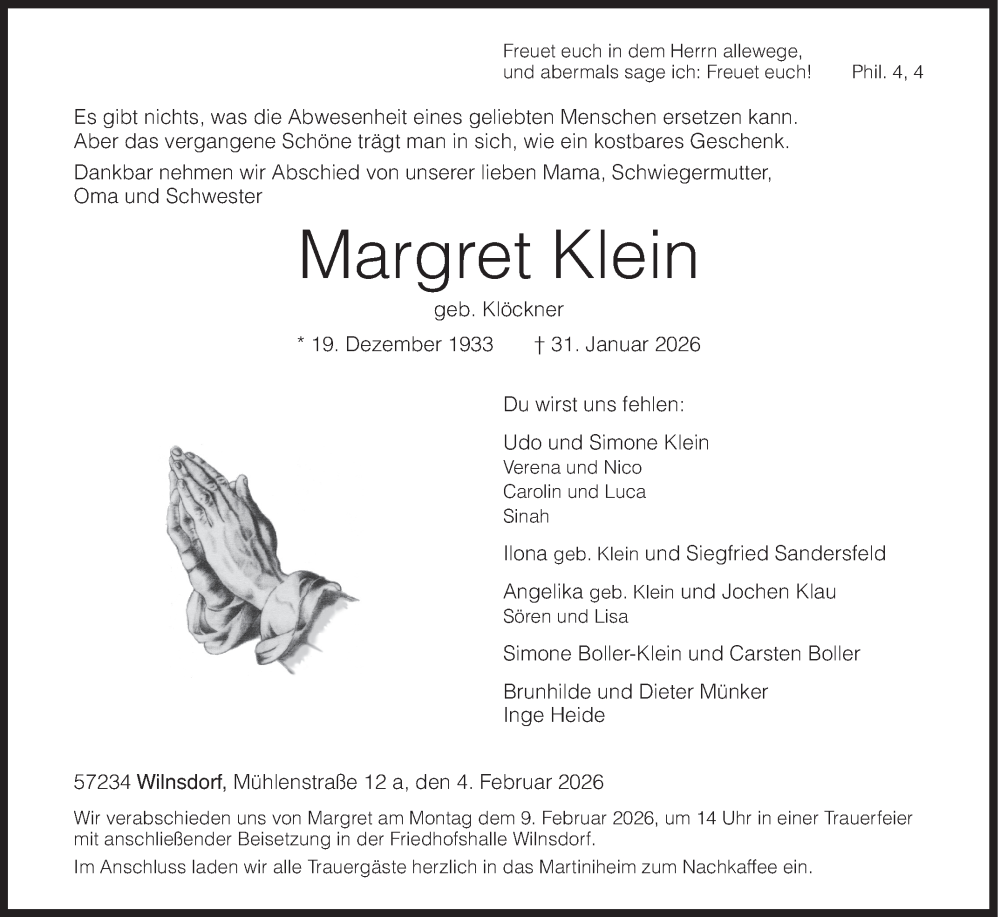  Traueranzeige für Margret Klein vom 04.02.2026 aus Siegener Zeitung