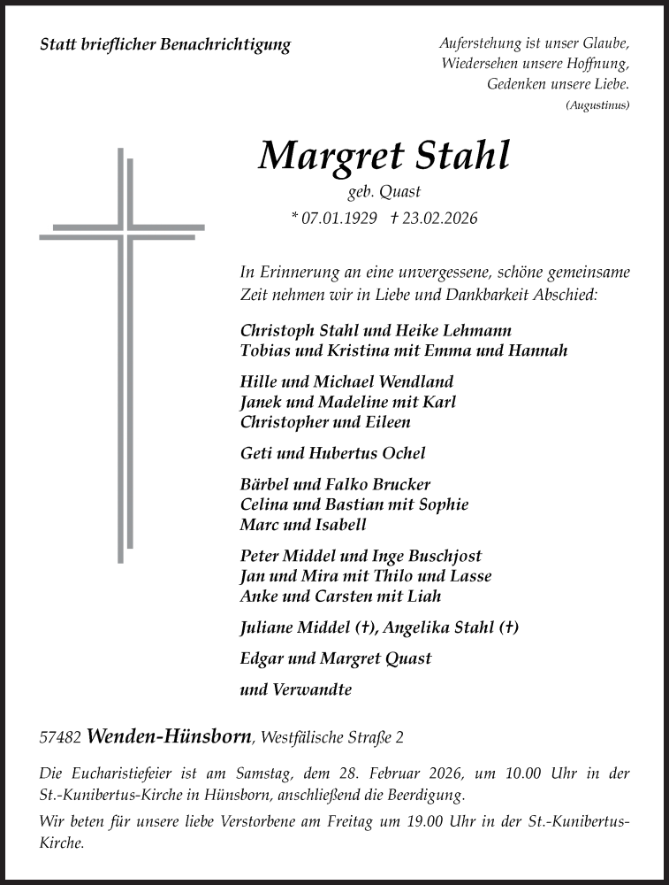  Traueranzeige für Margret Stahl vom 25.02.2026 aus Siegener Zeitung