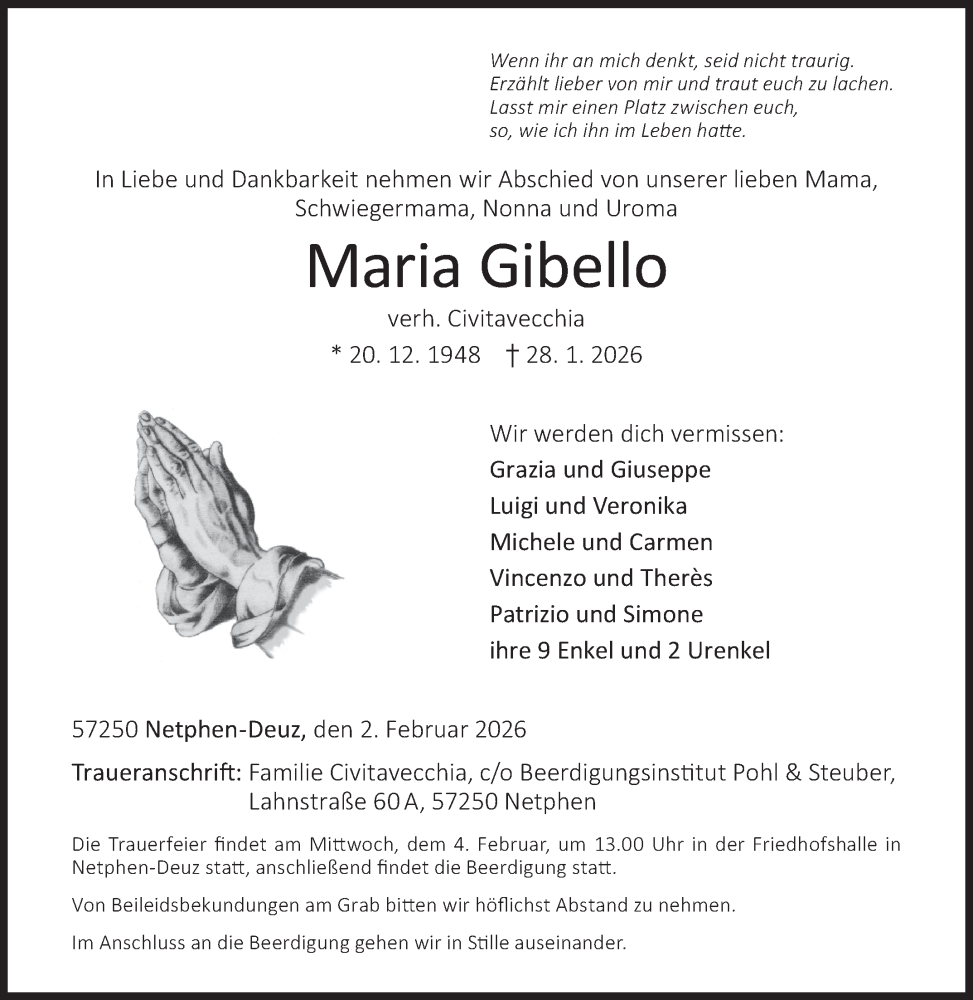  Traueranzeige für Maria Gibello vom 02.02.2026 aus Siegener Zeitung