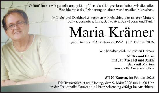 Traueranzeige von Maria Krämer von Siegener Zeitung