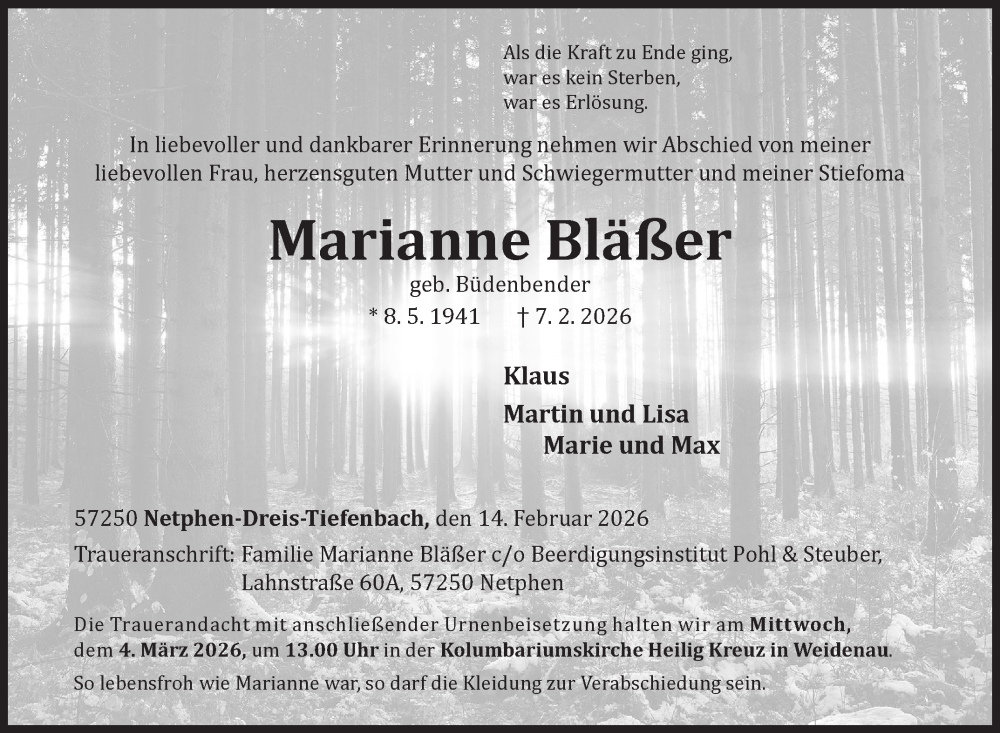  Traueranzeige für Marianne Bläßer vom 14.02.2026 aus Siegener Zeitung