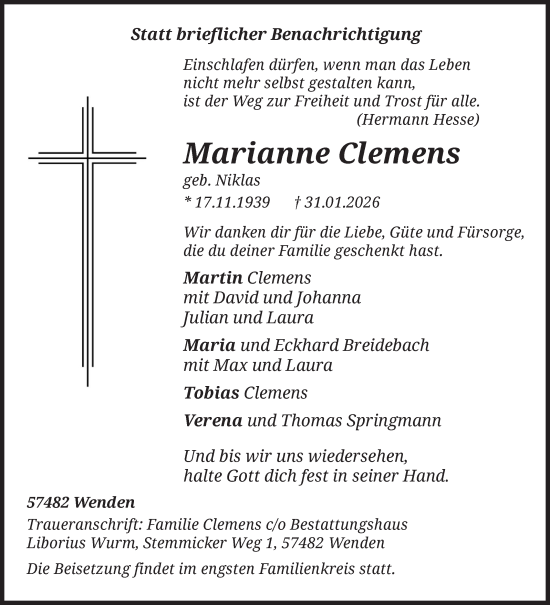 Traueranzeige von Marianne Clemens von Siegener Zeitung