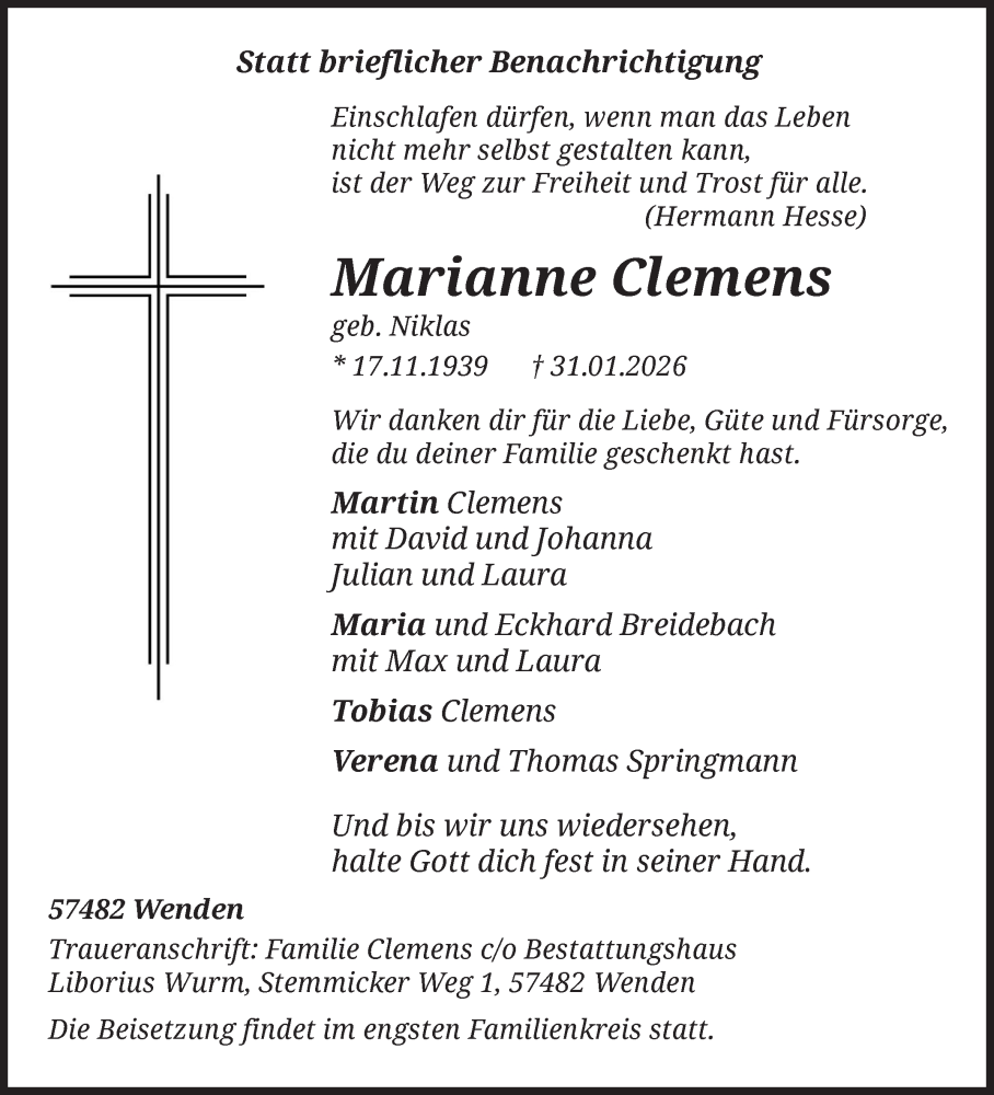 Traueranzeige für Marianne Clemens vom 04.02.2026 aus Siegener Zeitung