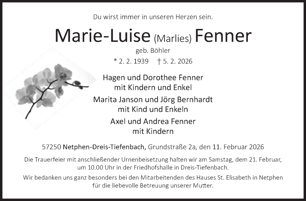  Traueranzeige für Marie-Luise Fenner vom 11.02.2026 aus Siegener Zeitung
