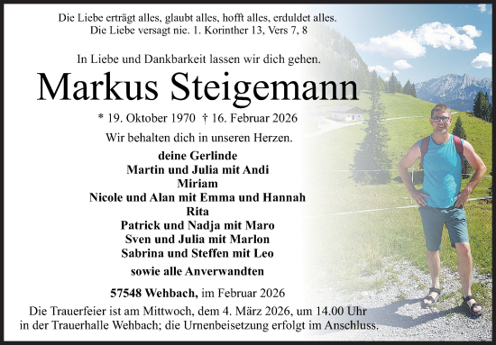 Traueranzeige von Markus Steigemann von Siegener Zeitung