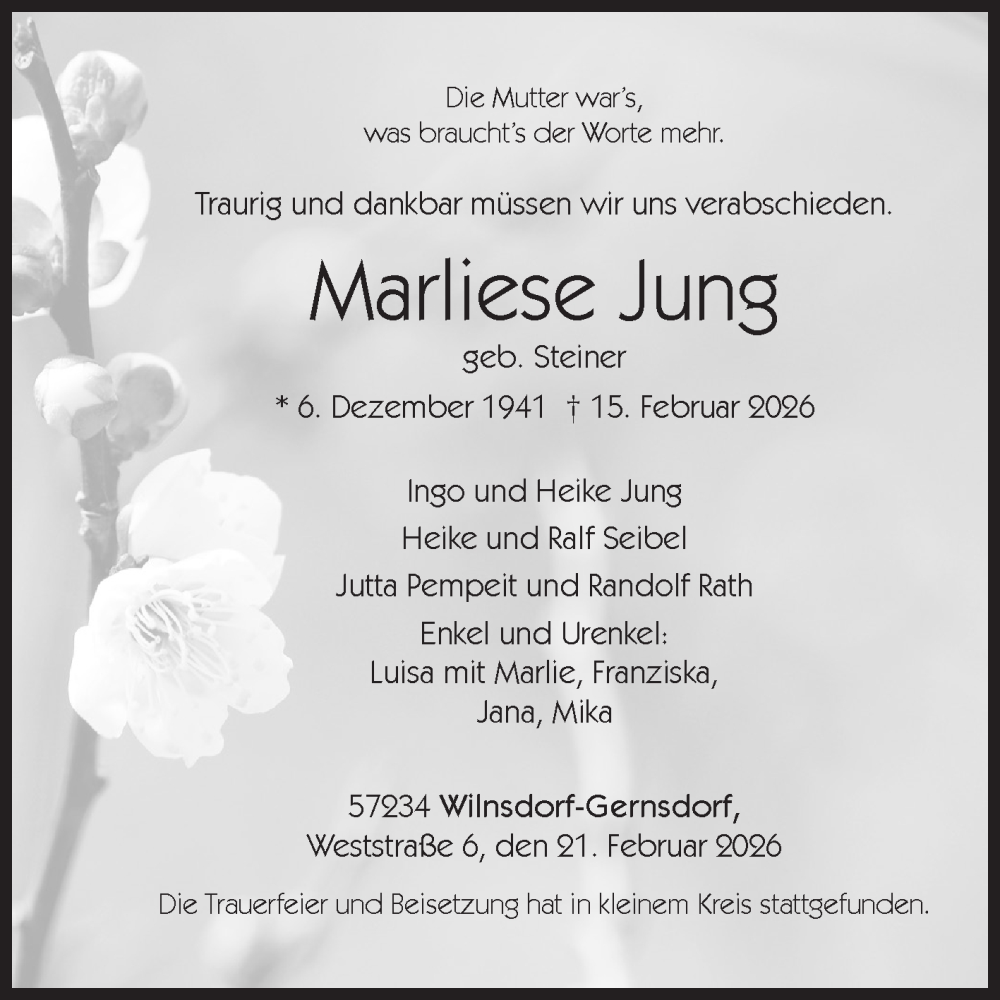  Traueranzeige für Marliese Jung vom 21.02.2026 aus Siegener Zeitung