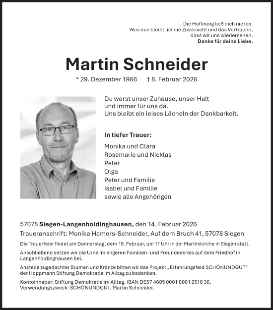 Traueranzeige von Martin Schneider von Siegener Zeitung