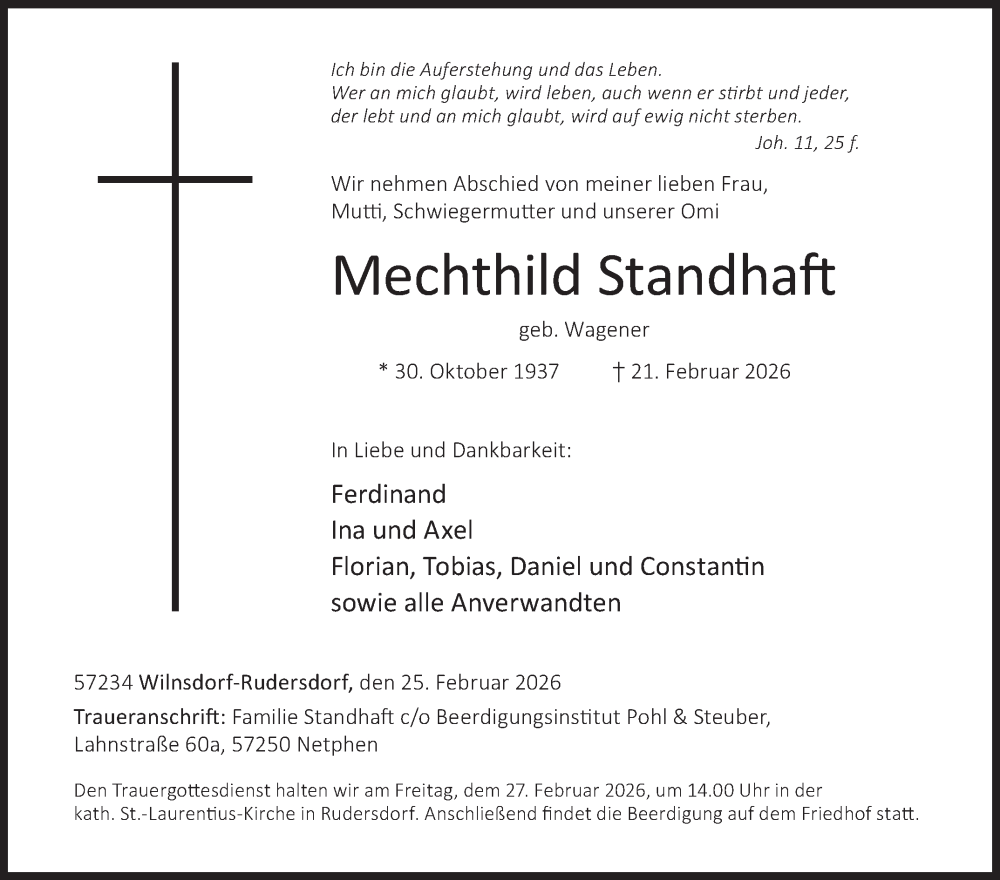 Traueranzeige für Mechthild Standhaft vom 25.02.2026 aus Siegener Zeitung