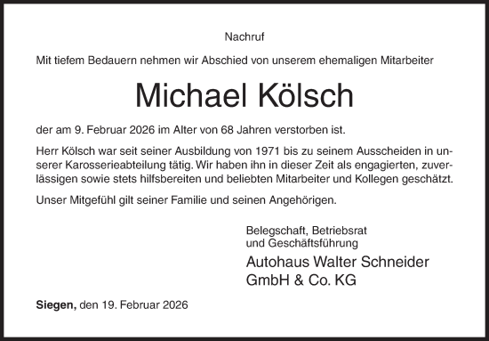 Traueranzeige von Michael Kölsch von Siegener Zeitung