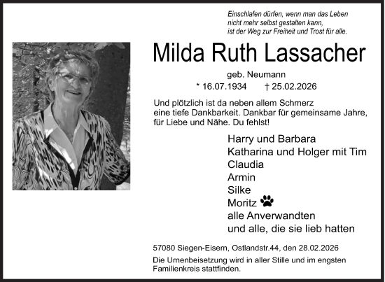 Traueranzeige von Milda Ruth Lassacher von Siegener Zeitung
