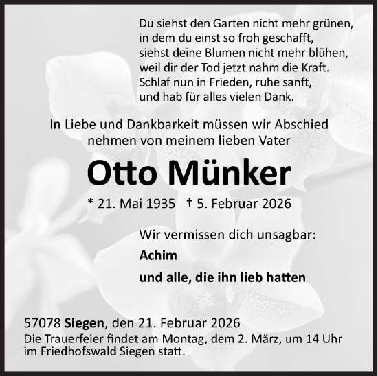 Traueranzeige von Otto Münker von Siegener Zeitung