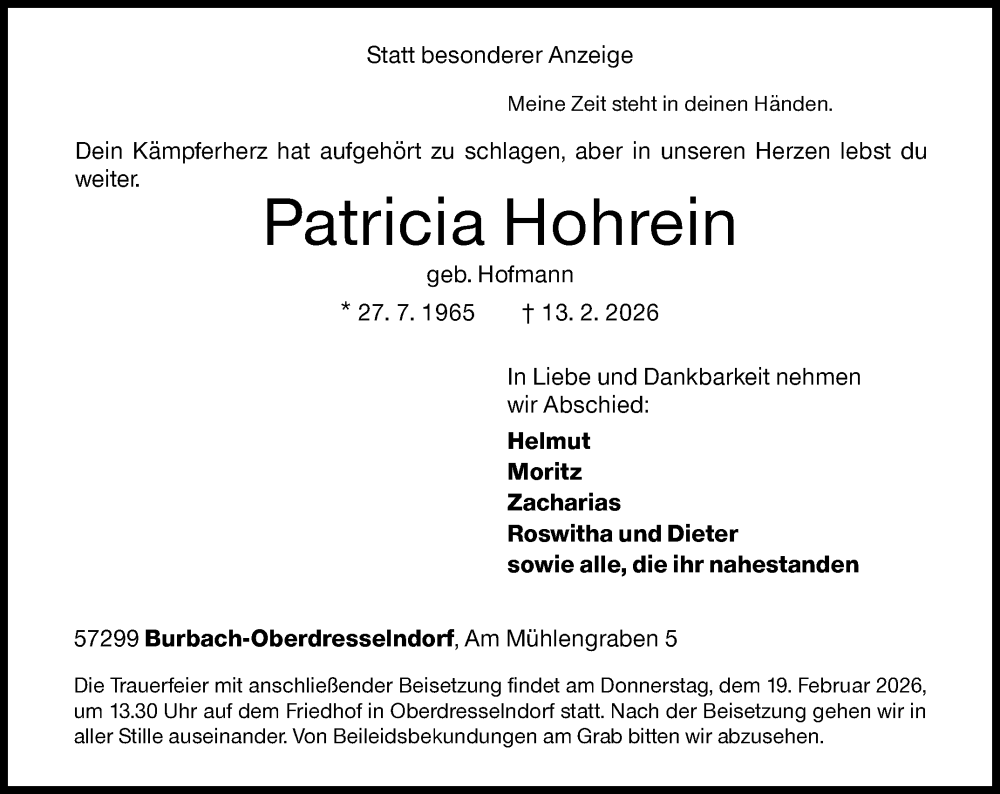  Traueranzeige für Patricia Hohrein vom 17.02.2026 aus Siegener Zeitung