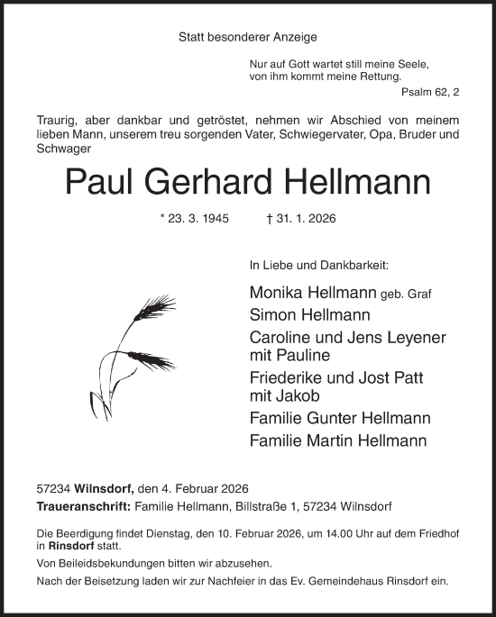 Traueranzeige von Paul Gerhard Hellmann von Siegener Zeitung