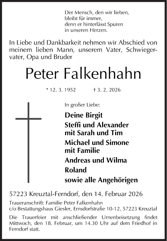 Traueranzeige von Peter Falkenhahn von Siegener Zeitung