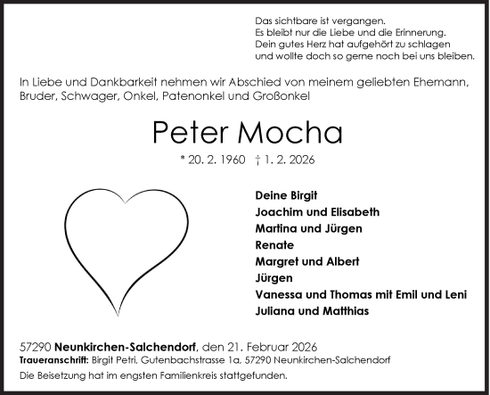 Traueranzeige von Peter Mocha von Siegener Zeitung