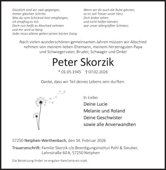Traueranzeige von Peter Skorzik von Siegener Zeitung