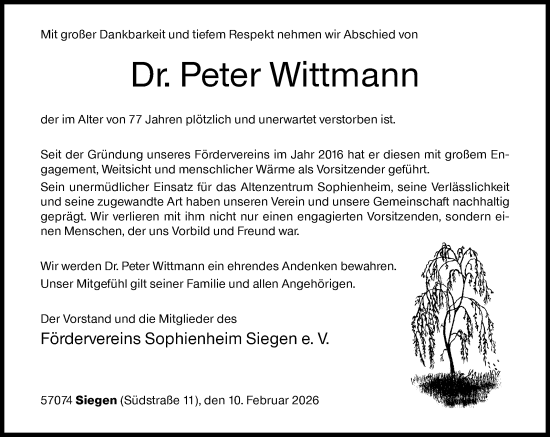 Traueranzeige von Peter Wittmann von Siegener Zeitung