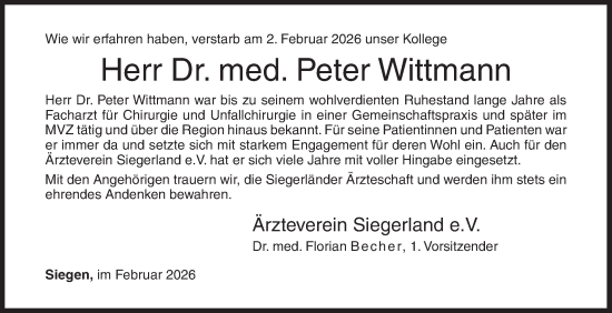 Traueranzeige von Peter Wittmann von Siegener Zeitung