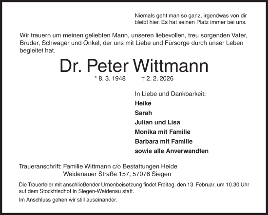Traueranzeige von Peter Wittmann von Siegener Zeitung