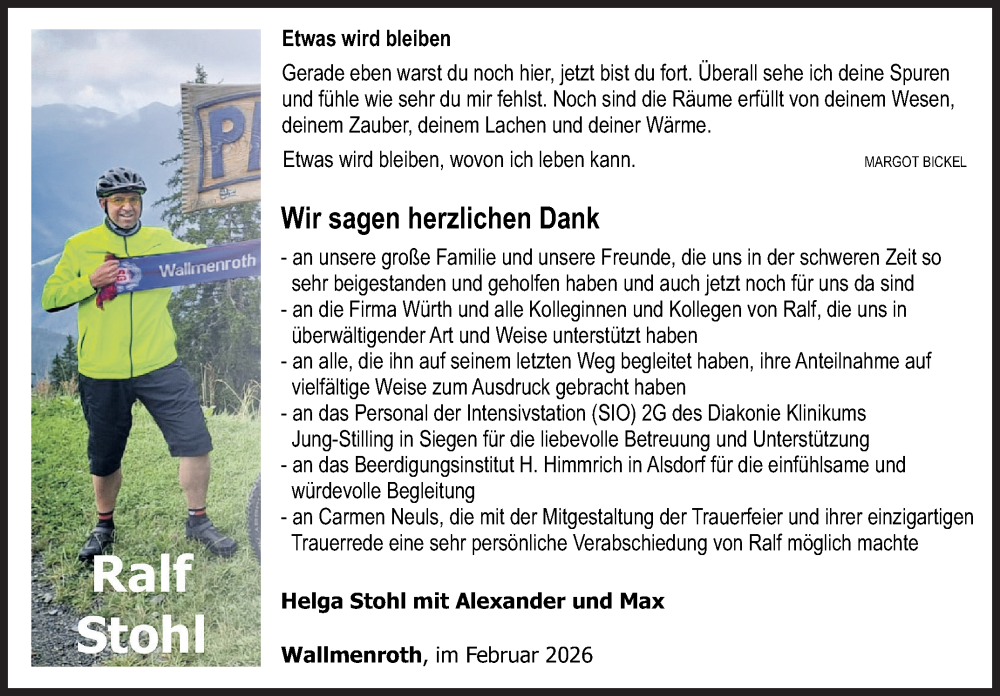  Traueranzeige für Ralf Stohl vom 14.02.2026 aus Siegener Zeitung