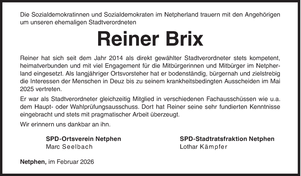  Traueranzeige für Reiner Brix vom 21.02.2026 aus Siegener Zeitung