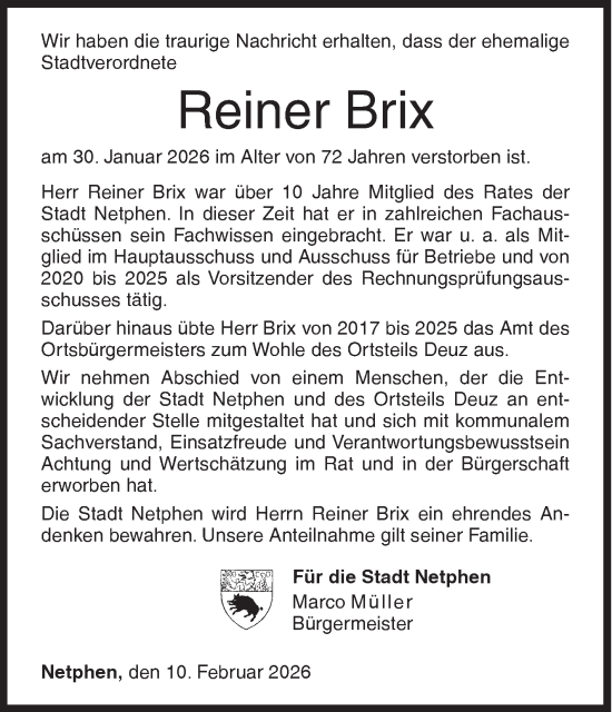 Traueranzeige von Reiner Brix von Siegener Zeitung