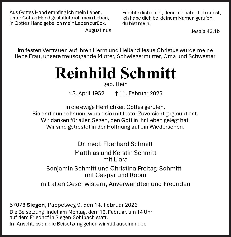  Traueranzeige für Reinhild Schmitt vom 14.02.2026 aus Siegener Zeitung
